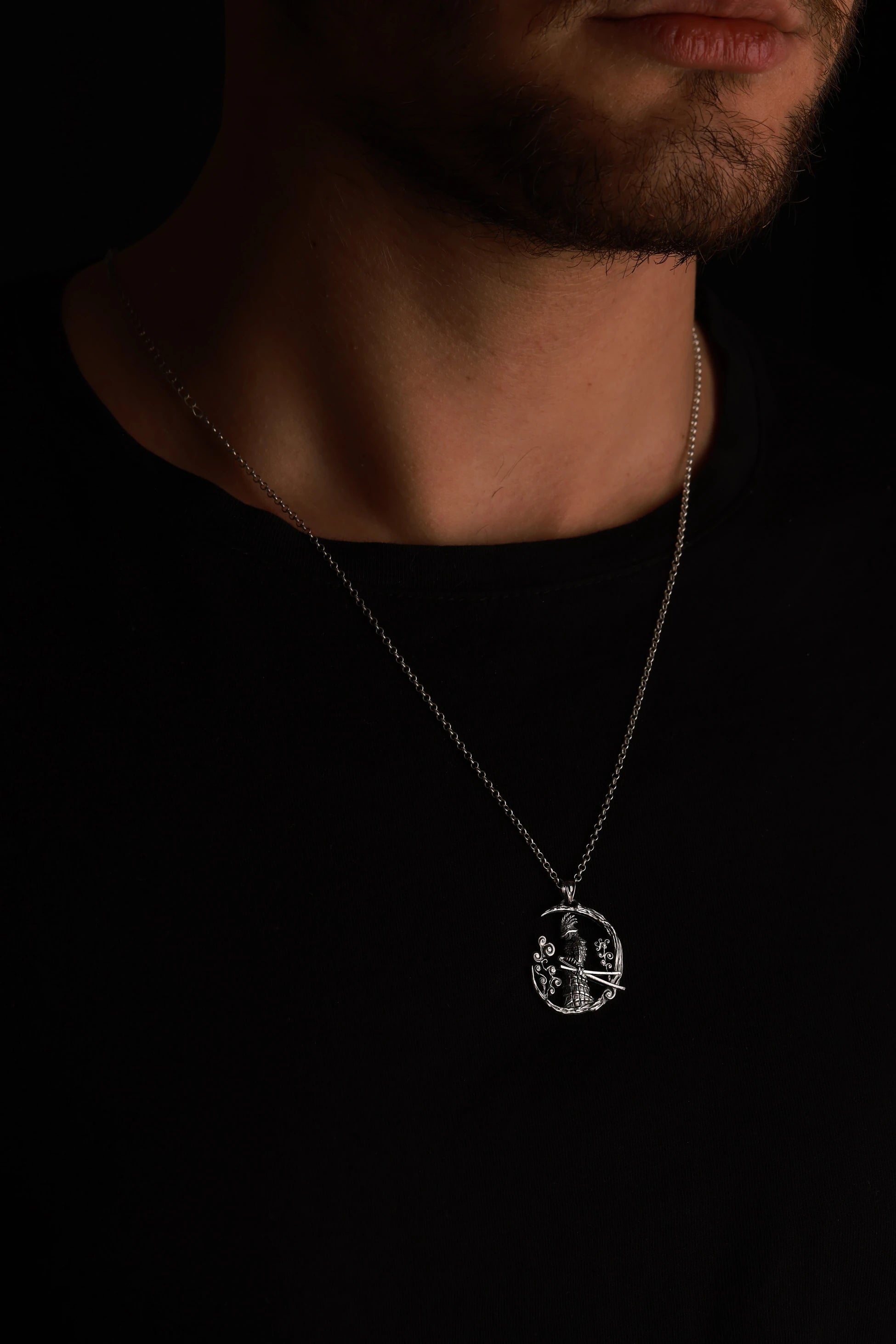 Exquisite Samurai Moon Pendant Necklace