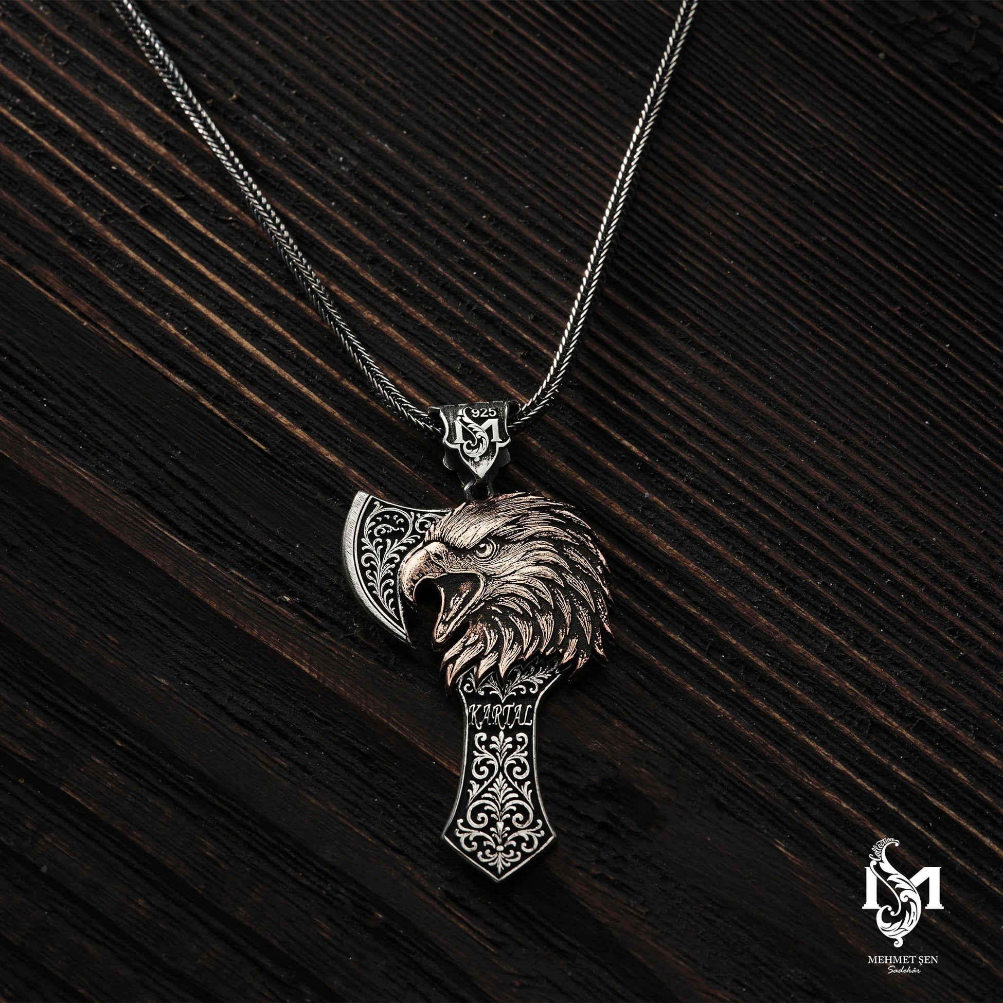 Zilveren Heren Statement Ketting - Gedurfde Adelaarskop Bijl Hanger