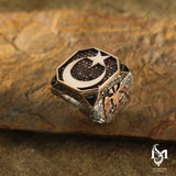 Sterling Silver Men's Ring - Crescent & Star Motif with Garnet Stone