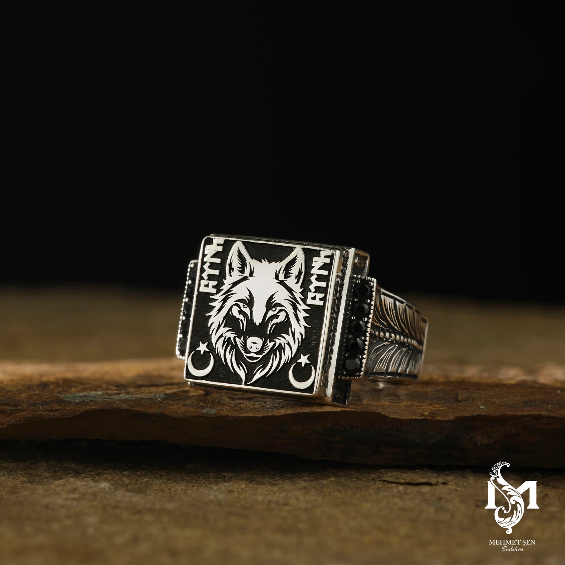 Men's Ring - Iconic Grey Wolf & Ancient Turkic Script Design