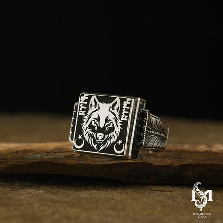 Men's Ring - Iconic Grey Wolf & Ancient Turkic Script Design