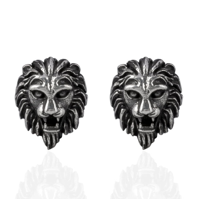 Sterling Silver Lion Head Stud Earrings - Bold Animal Motif