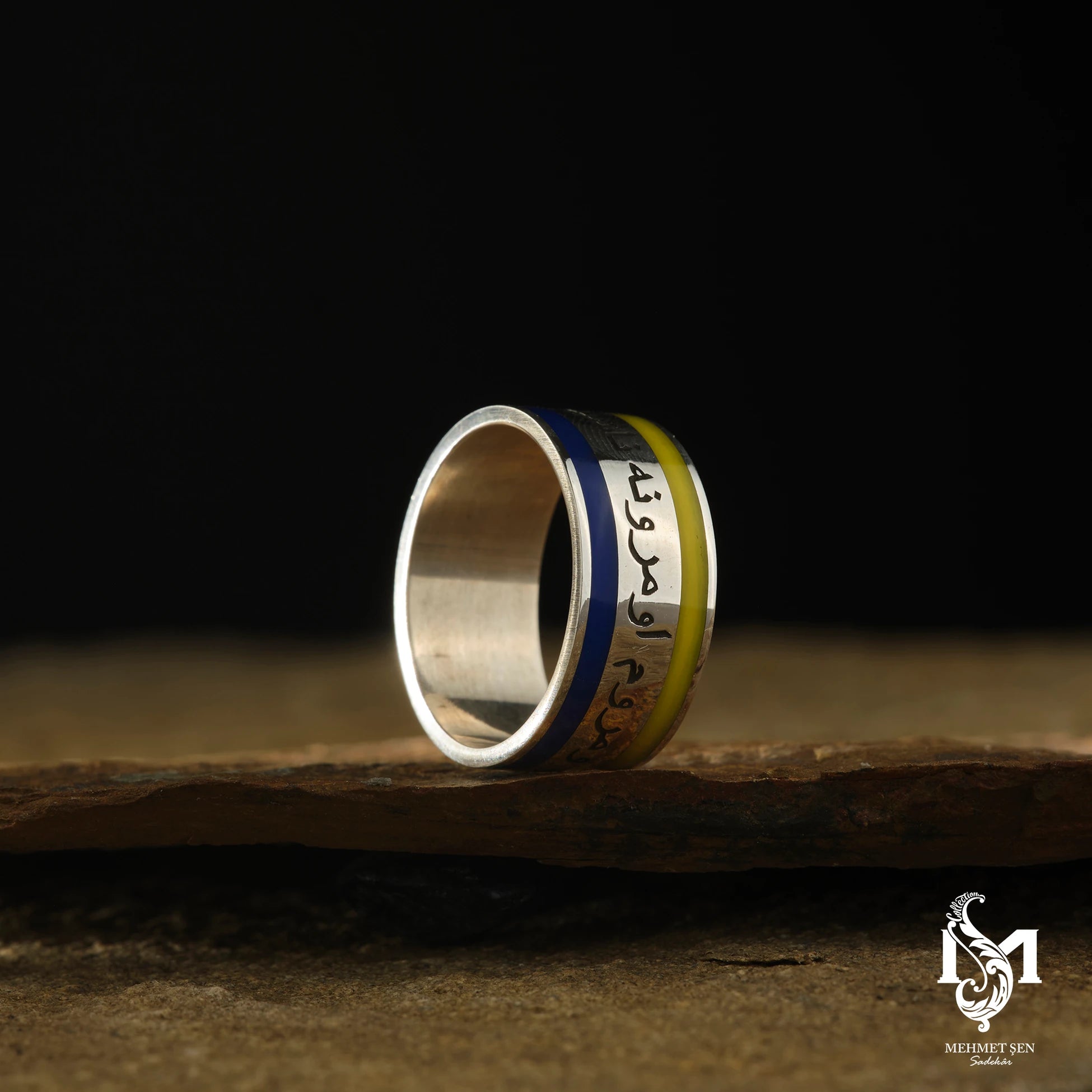 Vibrant Yellow & Navy Blue Enamel Wedding Band - Unique Design