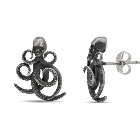 Sterling Silver Drop Earrings - Bold Skull and Octopus Tentacle Design