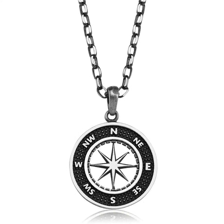 Sterling Silver Compass Pendant Necklace - Guiding Star Design