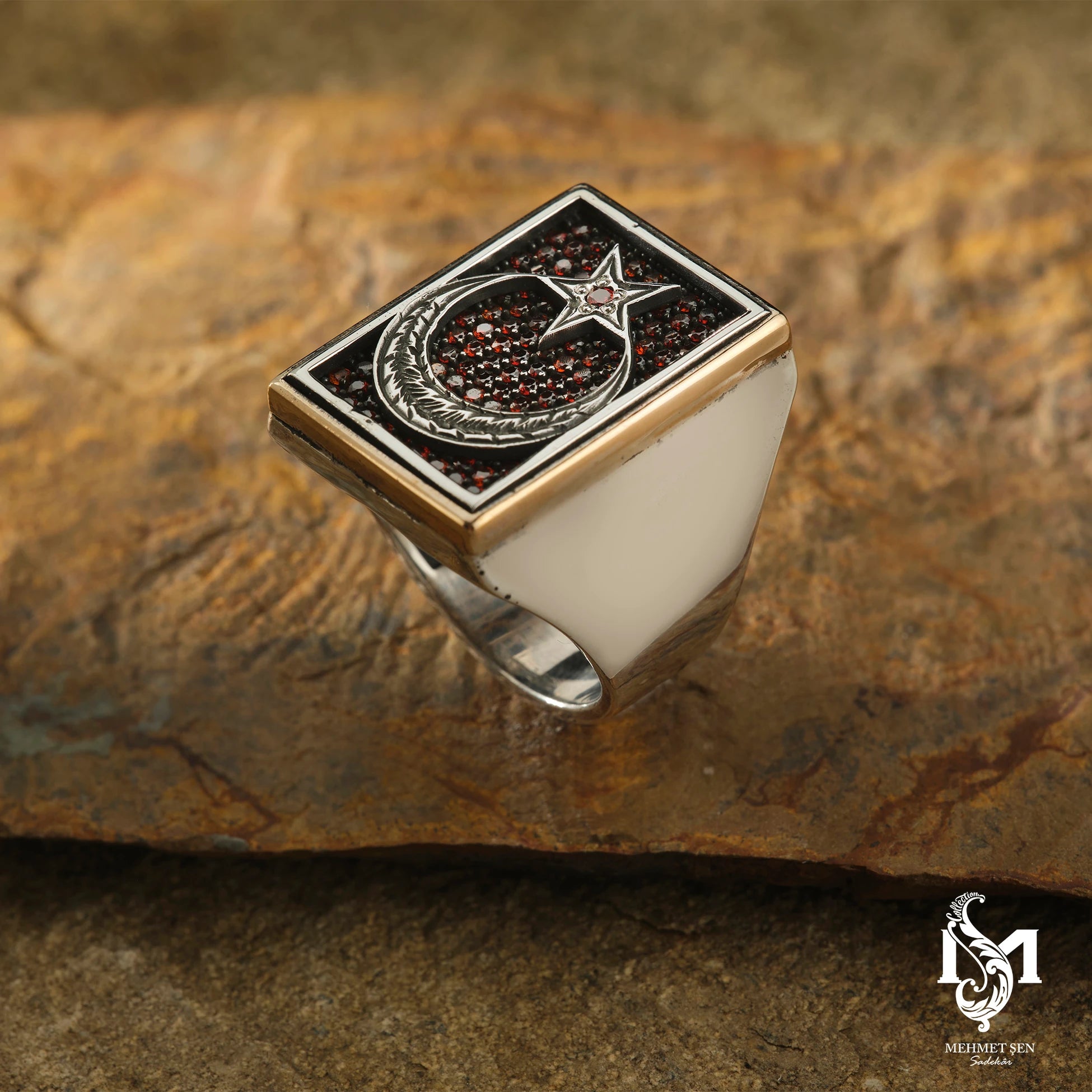 Sterling Silver Men's Ring - Symbolic Crescent and Star Design