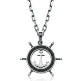Sterling Silver Black Zircon Anchor & Rudder Pendant Necklace
