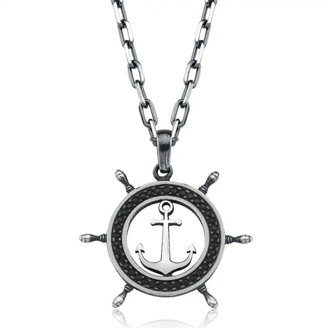 Sterling Silver Black Zircon Anchor & Rudder Pendant Necklace