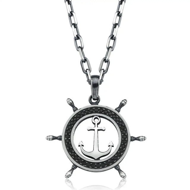 Sterling Silver Black Zircon Anchor & Rudder Pendant Necklace