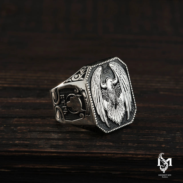 Sterling Silver Men's Ring - Symbolic Eagle & Wolf Motif