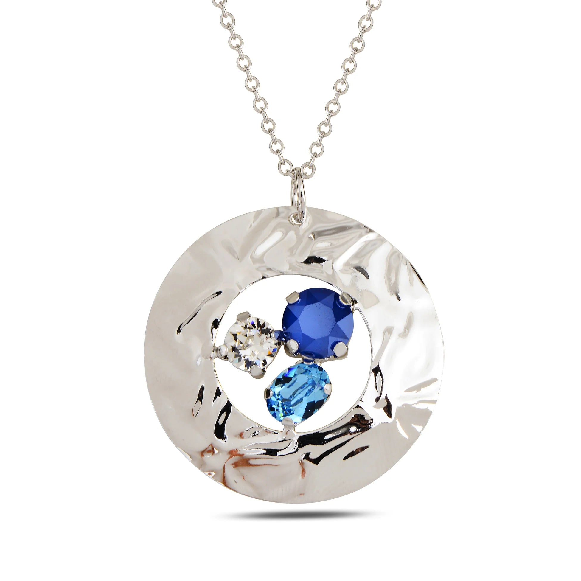 Sterling Silver Swarovski Crystal Necklace - Hammered Statement