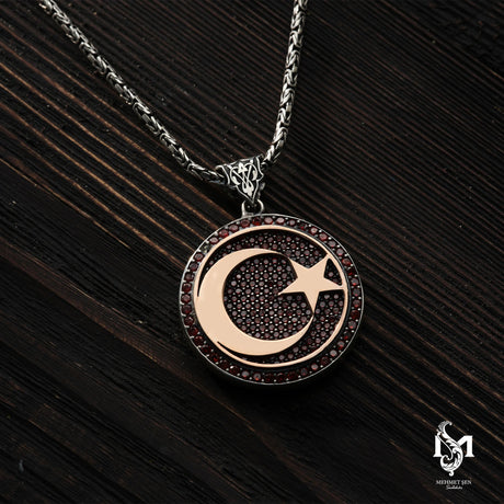 Sterling Silver Men's Necklace - Zircon Crescent Moon & Star Pendant