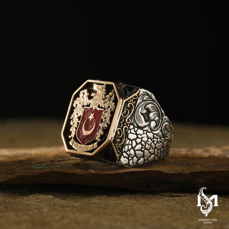 Sterling Silver Men's Ring - Bold Grey Wolf & Crescent Star Design