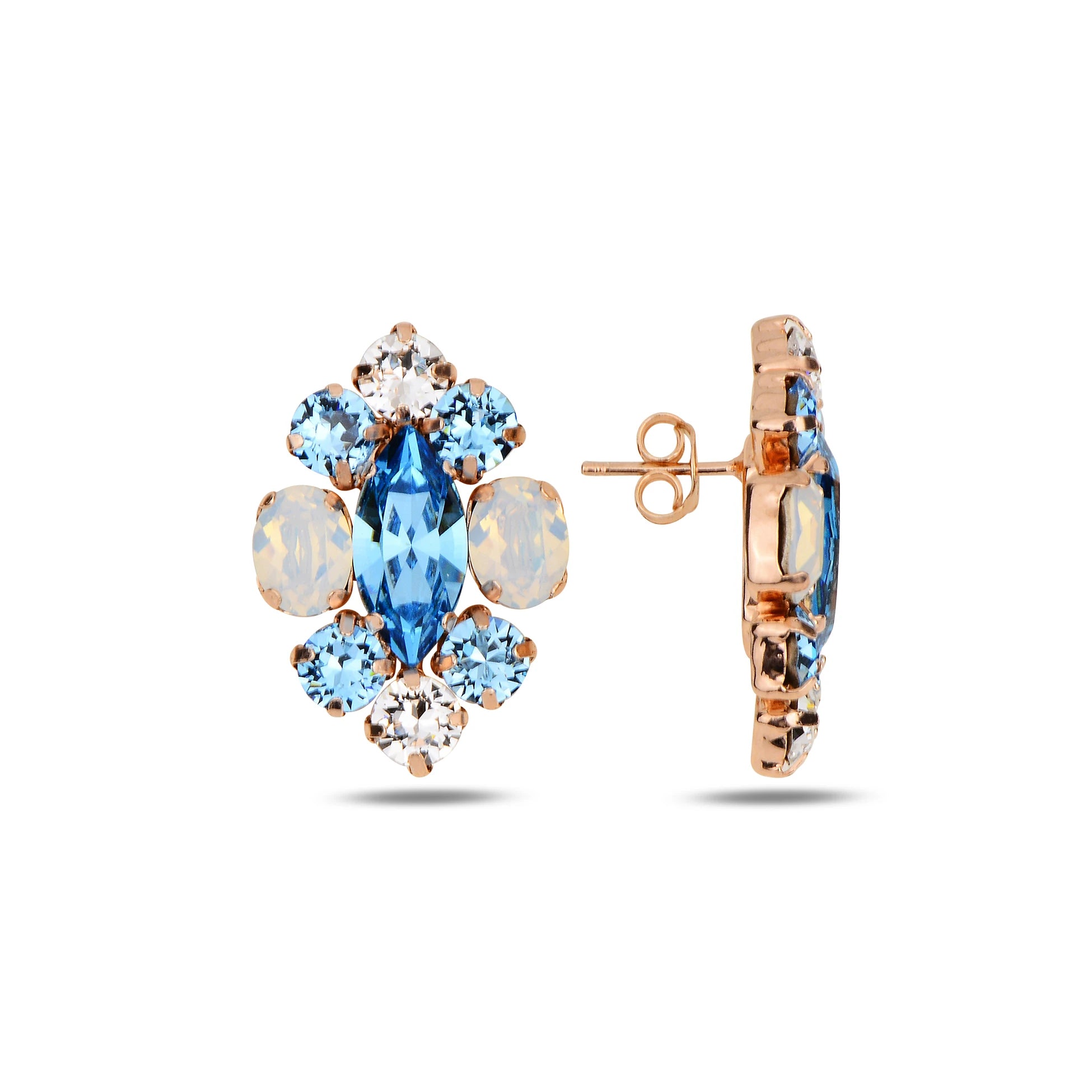 Sterling Silver Rose Gold Plated Aquamarine Crystal Earrings - Feminine Design