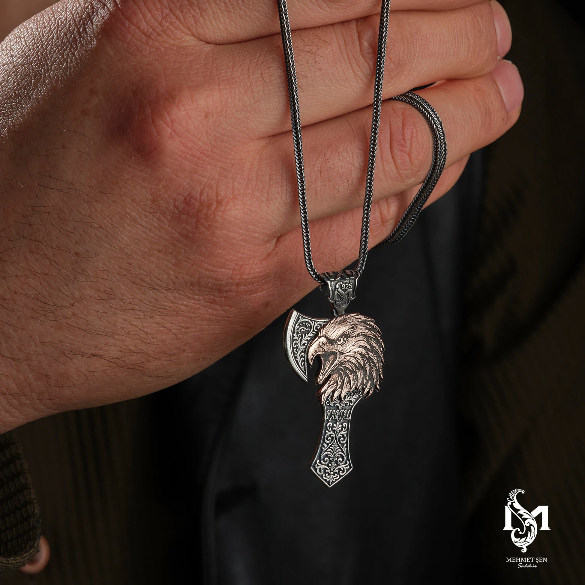Zilveren Heren Statement Ketting - Gedurfde Adelaarskop Bijl Hanger