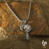 Men's Statement Pendant Necklace - Intricate Wolf Head Axe Design