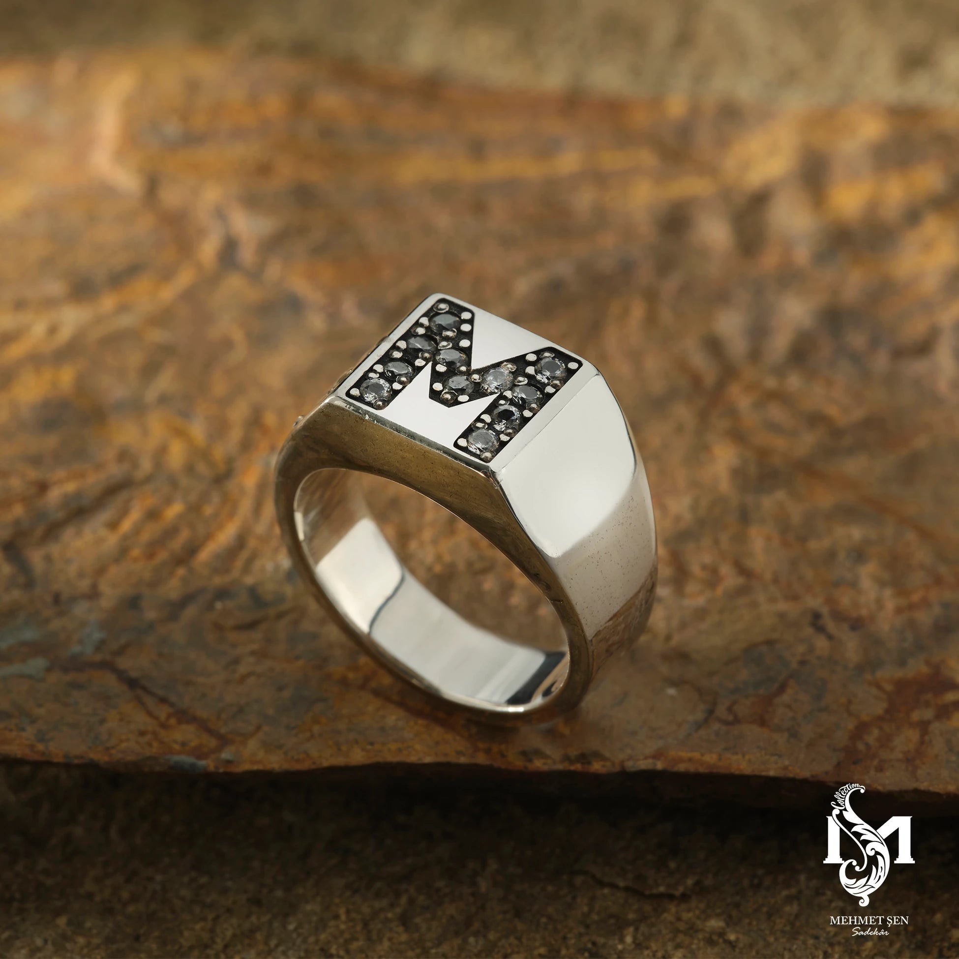 Sterling Silver Men's Initial Ring - Stone Detailed Statement