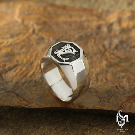 Premium Sterling Silver Men's Ring - Octagonal Monogram Design