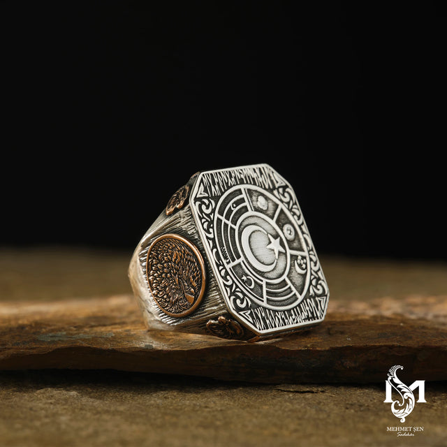 Men's Crescent & Star Ring - Bold Symbolic Design