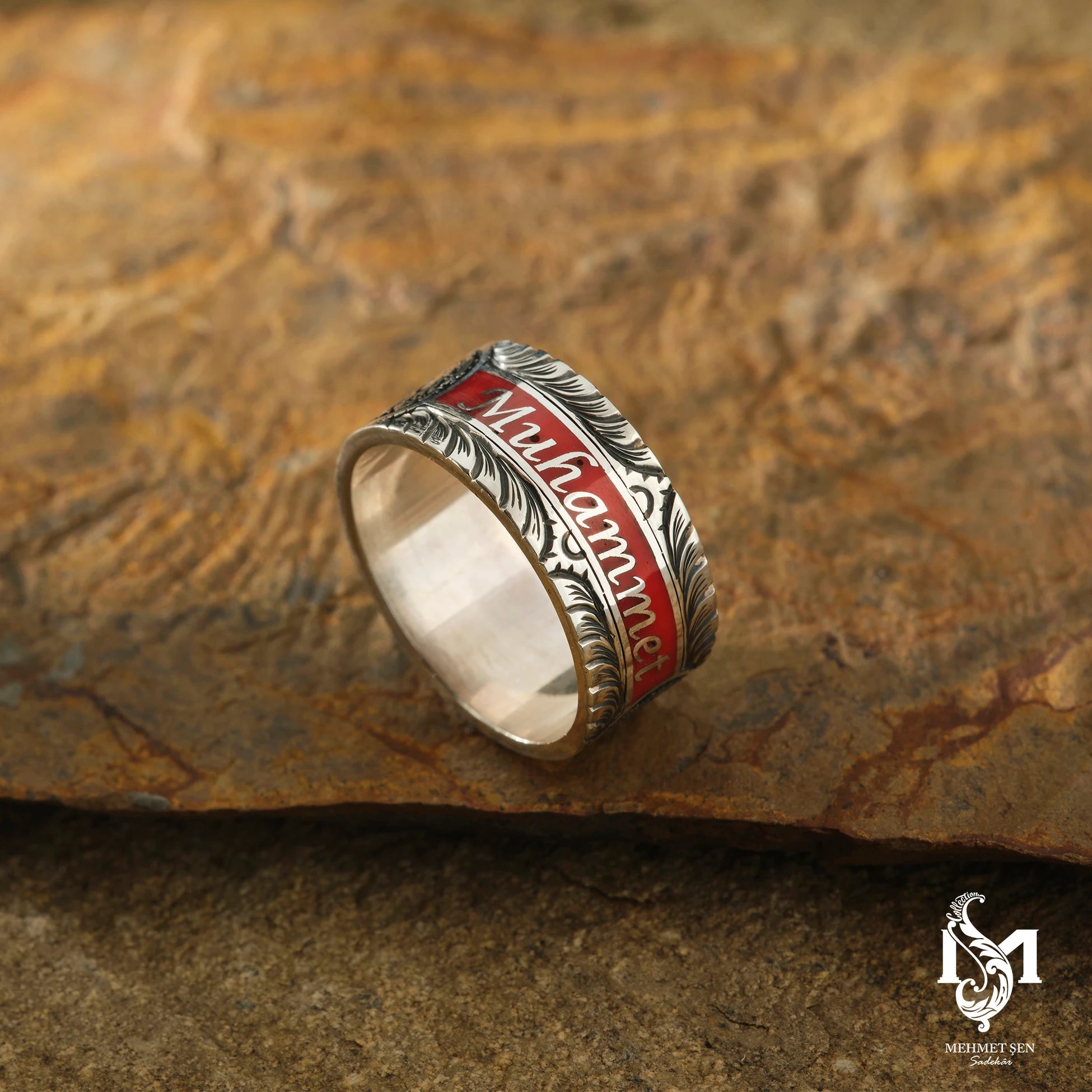 Distinctive Yellow & Red Enamel Wedding Band Ring
