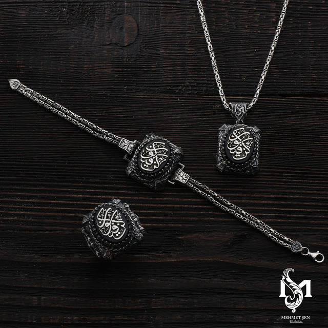 Sterling Silver Men's Set - "Kun Fe Yekun" Divine Inscription Jewelry