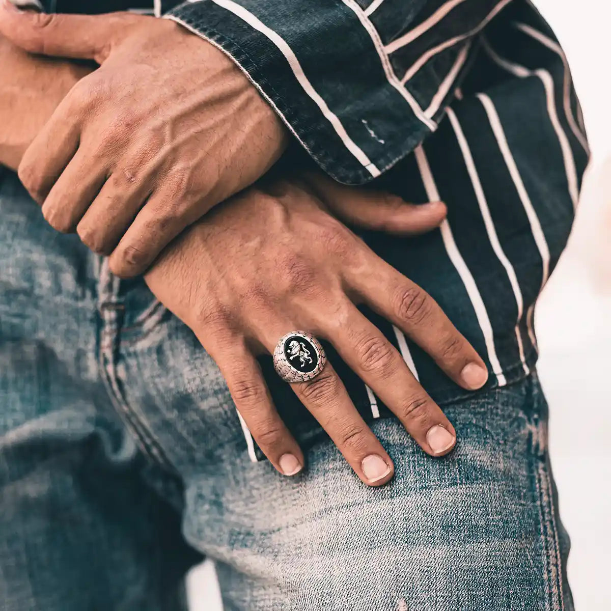 Sterling Silver Onyx Lion Ring - Majestic Statement Design