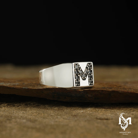 Sterling Silver Men's Initial Ring - Stone Detailed Statement