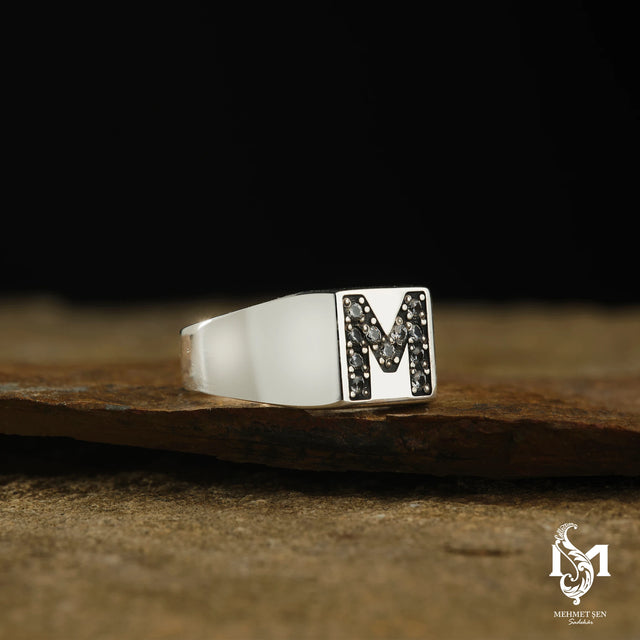 Sterling Silver Men's Initial Ring - Stone Detailed Statement