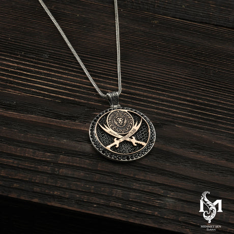 Sterling Silver Men's Pendant Necklace - Roaring Lion & Zulfiqar