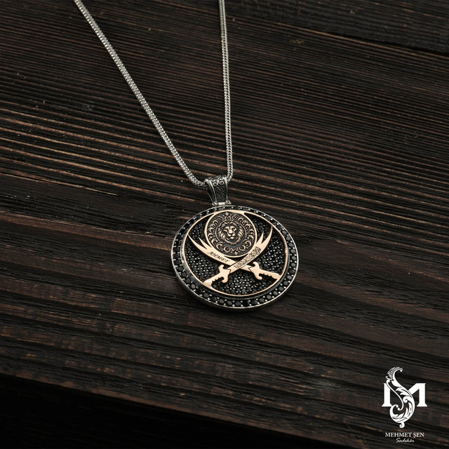 Sterling Silver Men's Pendant Necklace - Roaring Lion & Zulfiqar