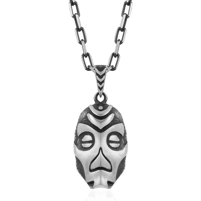 Sterling Silver Lucky Charm Mask Pendant Necklace - Symbolic Design