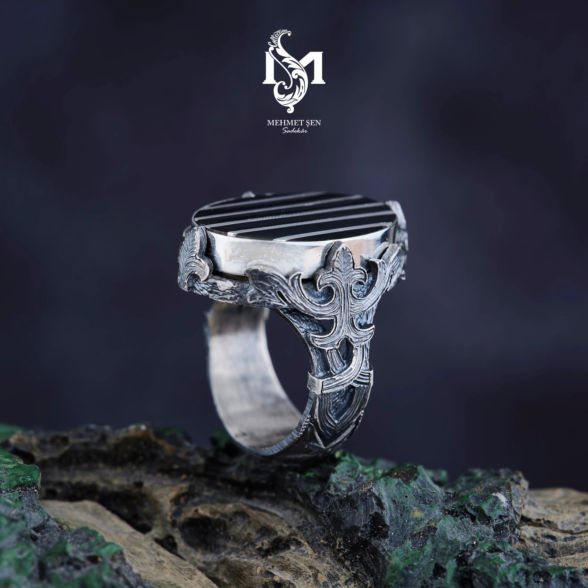 Sterling Silver Men's Ring - Bold Black Amber Statement