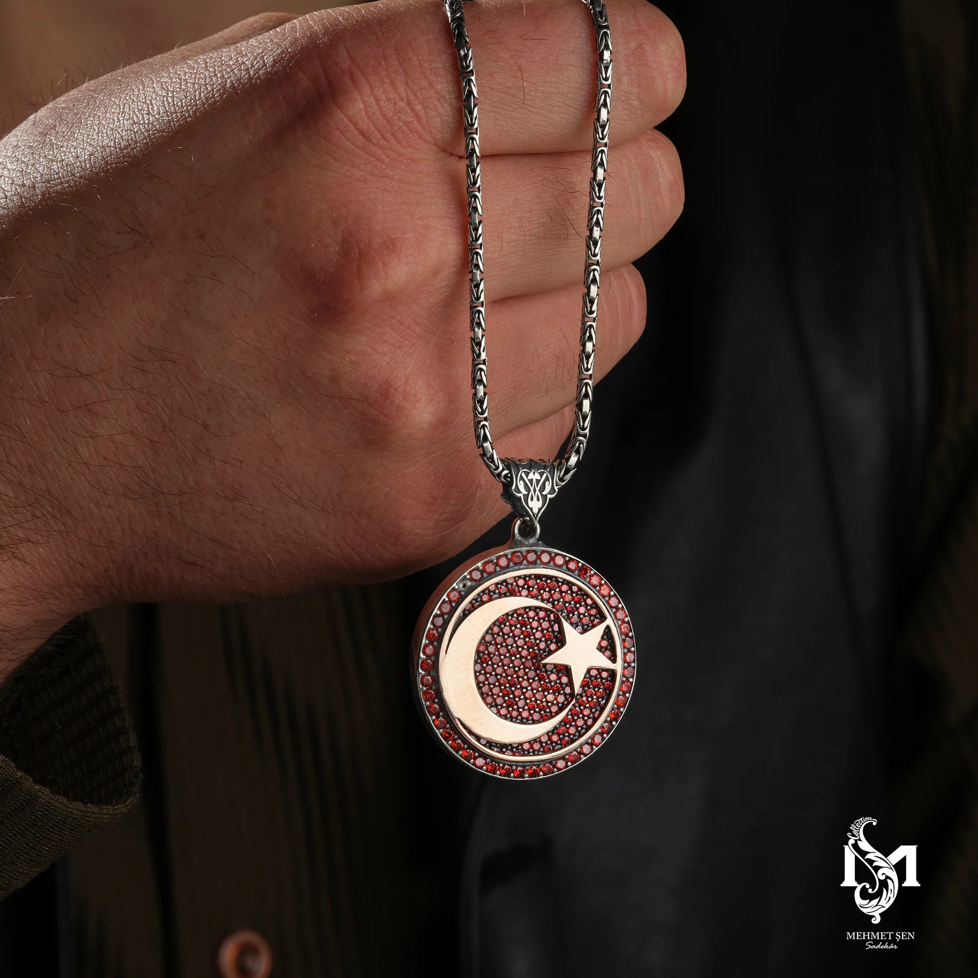 Sterling Silver Men's Necklace - Zircon Crescent Moon & Star Pendant