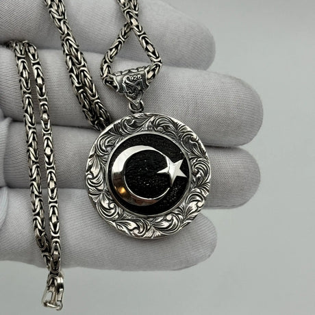 Sterling Silver Crescent & Star Medallion Necklace - Symbolic Elegance
