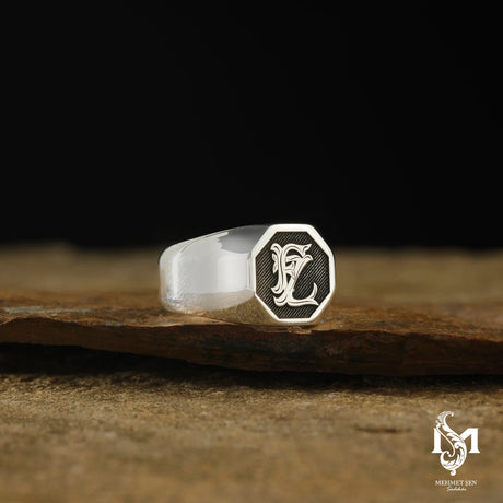 Premium Sterling Silver Men's Ring - Octagonal Monogram Design