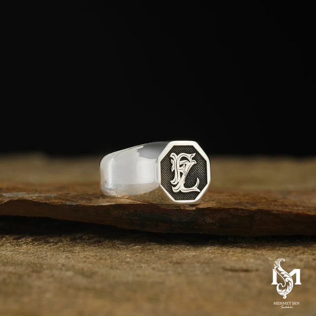 Premium Sterling Silver Men's Ring - Octagonal Monogram Design