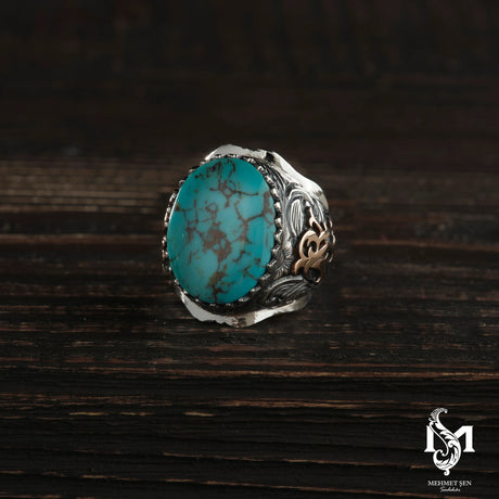 Sterling Silver Men's Ring with Turquoise Stone - Personalized Initial