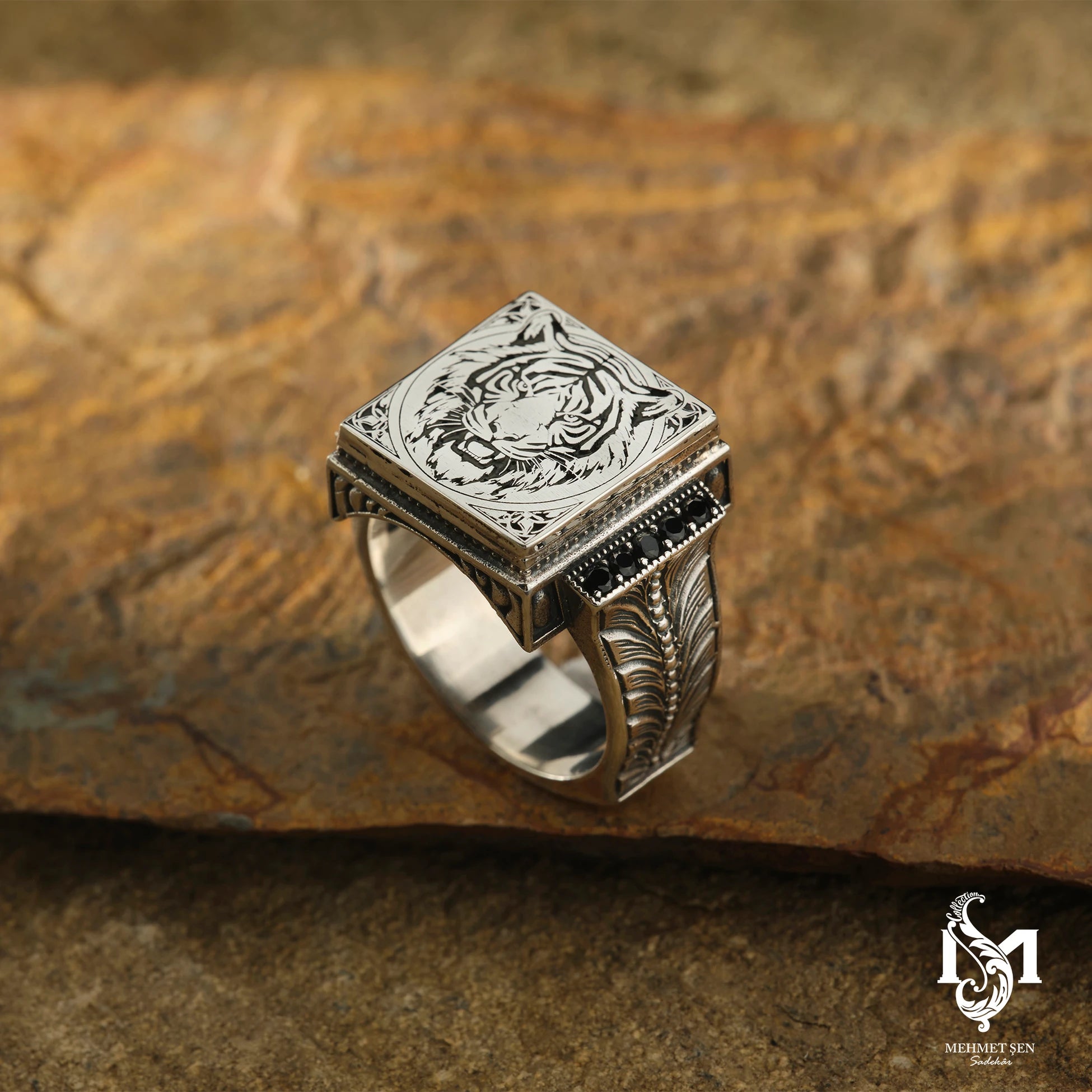 Sterling Silver Men's Statement Ring - Intricate Tiger Design