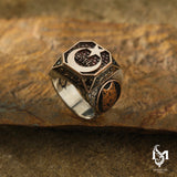 Sterling Silver Men's Ring - Crescent & Star with Engraved Script