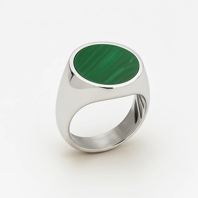 Rhodium Plated Sterling Silver Malachite Ring - Bold Statement
