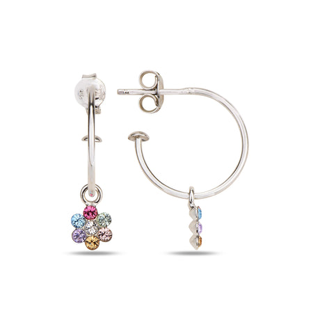 Sterling Silver Hoop Earrings - Minimalist Floral Swarovski Crystal