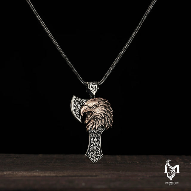 Sterling Silver Men's Statement Necklace - Bold Eagle Head Axe Pendant