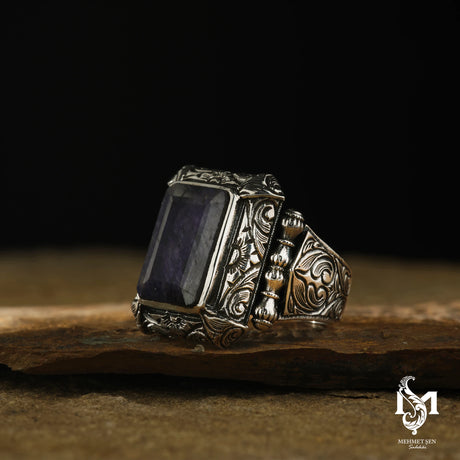 Sterling Silver Root Sapphire Men's Ring - Engraved Detail