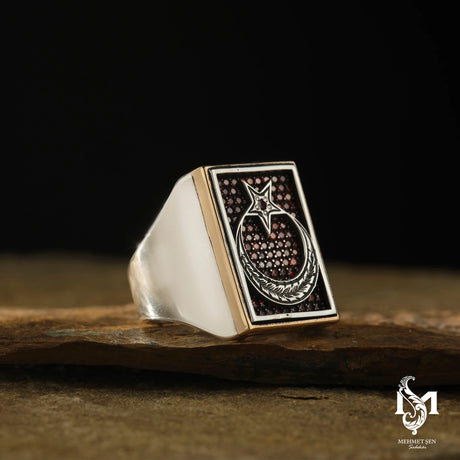 Sterling Silver Men's Ring - Symbolic Crescent and Star Design