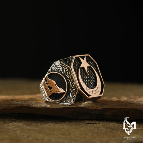 Sterling Silver Men's Ring - Personalized Crescent & Star Motif