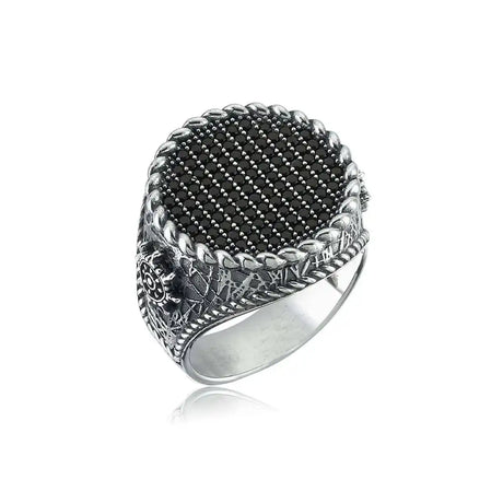Sterling Silver Ship's Wheel Ring - Black Zirconia Accent