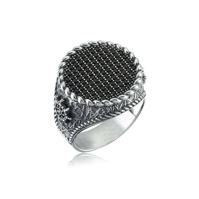 Sterling Silver Ship's Wheel Ring - Black Zirconia Accent