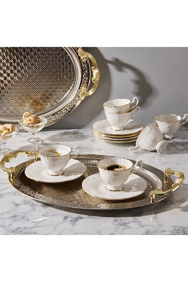 Ipek Premium Bone Porcelain Gilded Turkish Coffee Set - White - 6 Pieces - TryAladdin