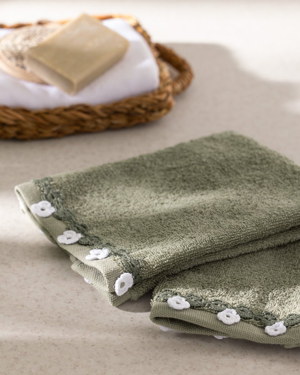 Jeanne 100% Cotton Hand Towel Set of 2 with Crochet Trim - TryAladdin