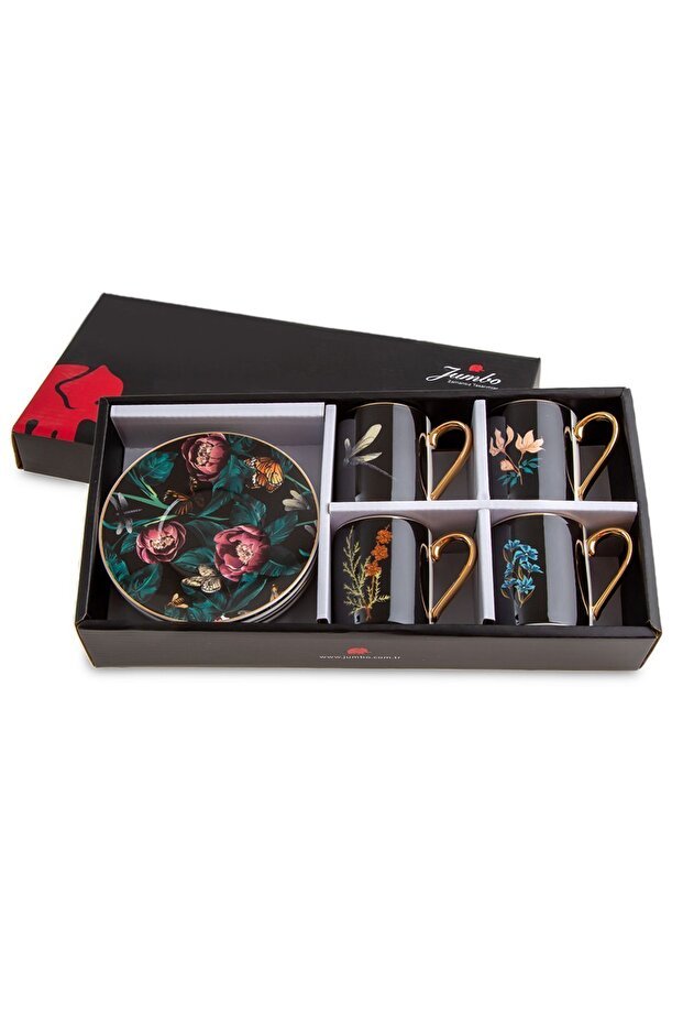 Jumbo Premium Turkish Coffee Cup Set - Black Garden - 4 Piece - TryAladdin